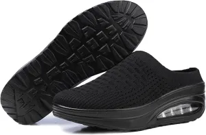 Women's Slip-on Mule Sneakers Breathable Air Cushion Wedge Backless Walking Shoe Lightweight Platform Orthotic Clog Casual Toning Rocker Shoe