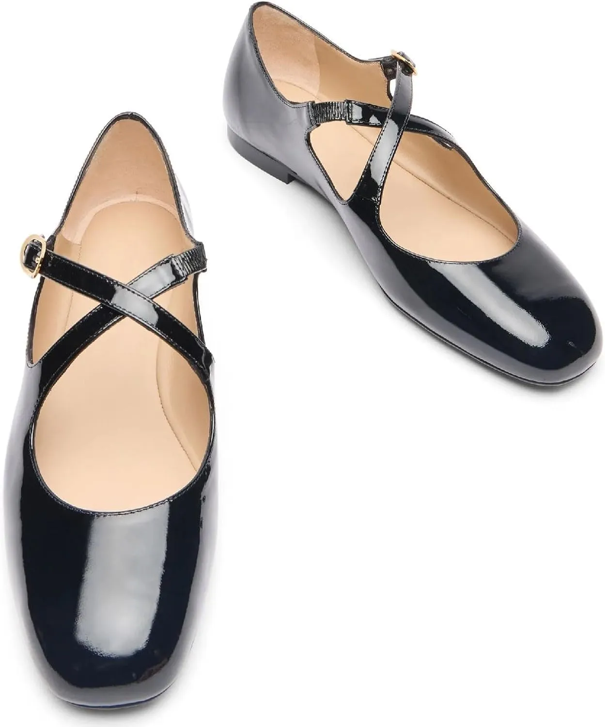 Women's Square Closed Toe Crisscross Ballet Flats Chic Patent Leather Cross Strap with Buckle Mary Jane Flat Shoes Casual Dressy Comfortable Flats for Women
