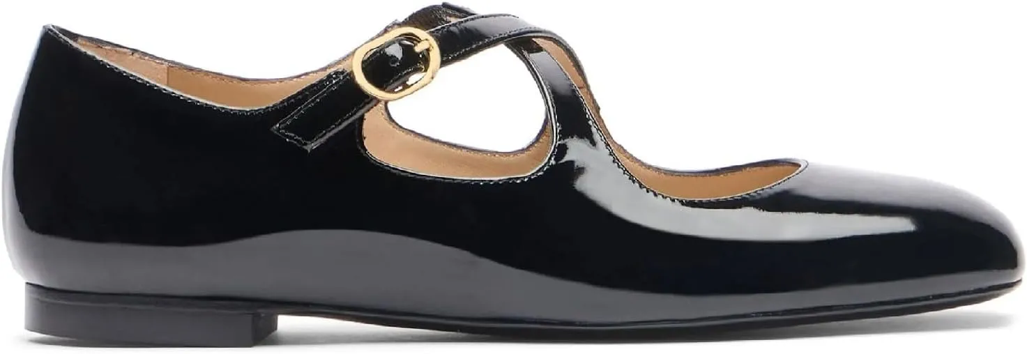 Women's Square Closed Toe Crisscross Ballet Flats Chic Patent Leather Cross Strap with Buckle Mary Jane Flat Shoes Casual Dressy Comfortable Flats for Women