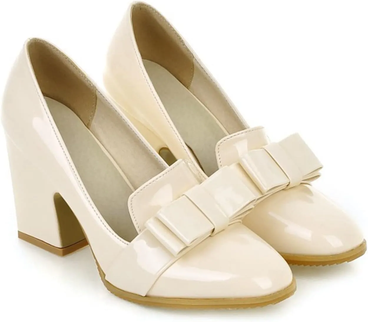 Womens Square Toe Loafer Pumps Bow Chunky High Heel Patent Leather Fashion Slip On Dress Oxford Shoes