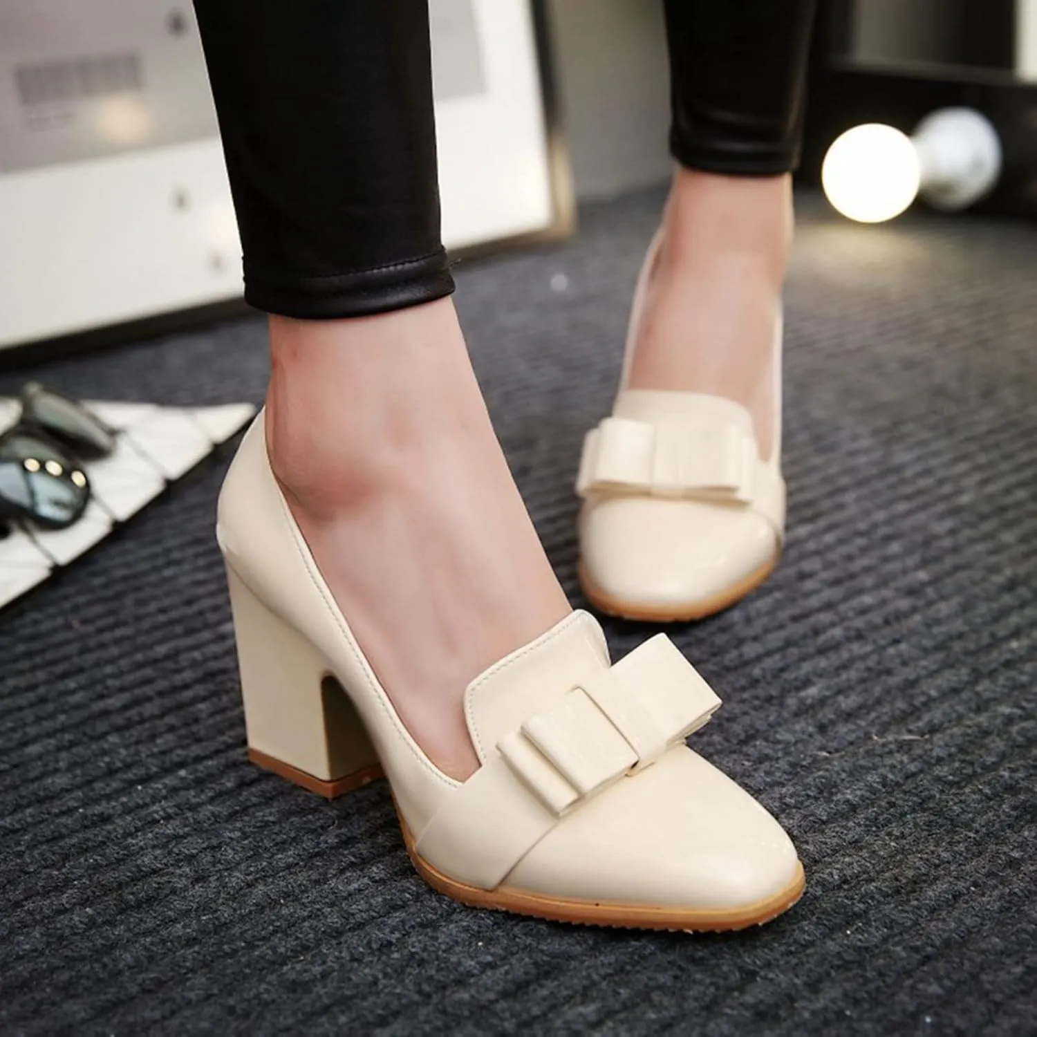 Womens Square Toe Loafer Pumps Bow Chunky High Heel Patent Leather Fashion Slip On Dress Oxford Shoes
