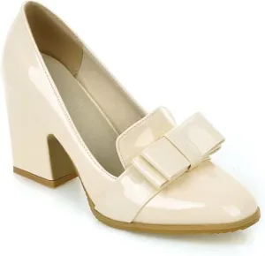 Womens Square Toe Loafer Pumps Bow Chunky High Heel Patent Leather Fashion Slip On Dress Oxford Shoes