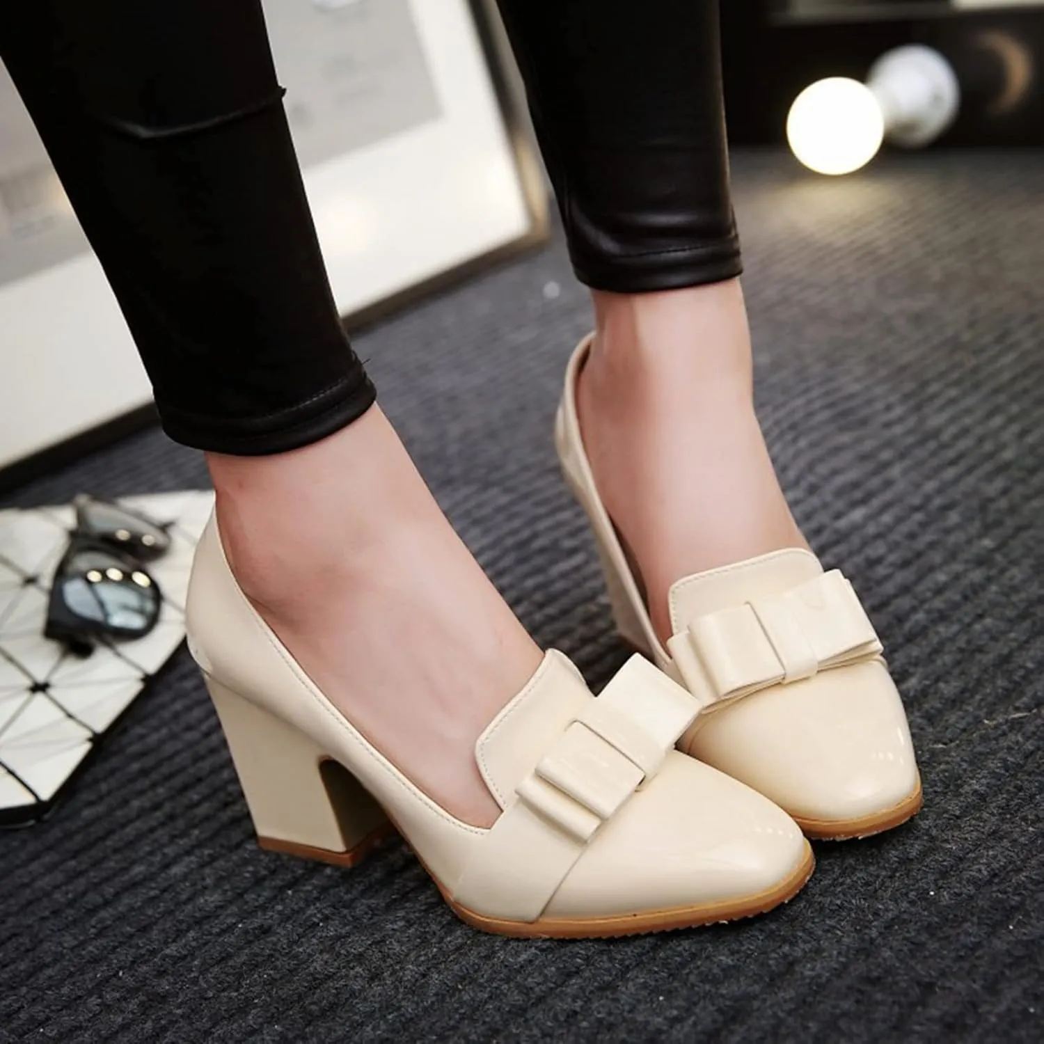 Womens Square Toe Loafer Pumps Bow Chunky High Heel Patent Leather Fashion Slip On Dress Oxford Shoes