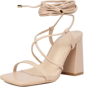 Womens Strappy Heels Lace Up Chunky Heel Sandals, Block Heel Wrap Sandals for Women Cute Sexy Dressy with Square Open Toe High Heels