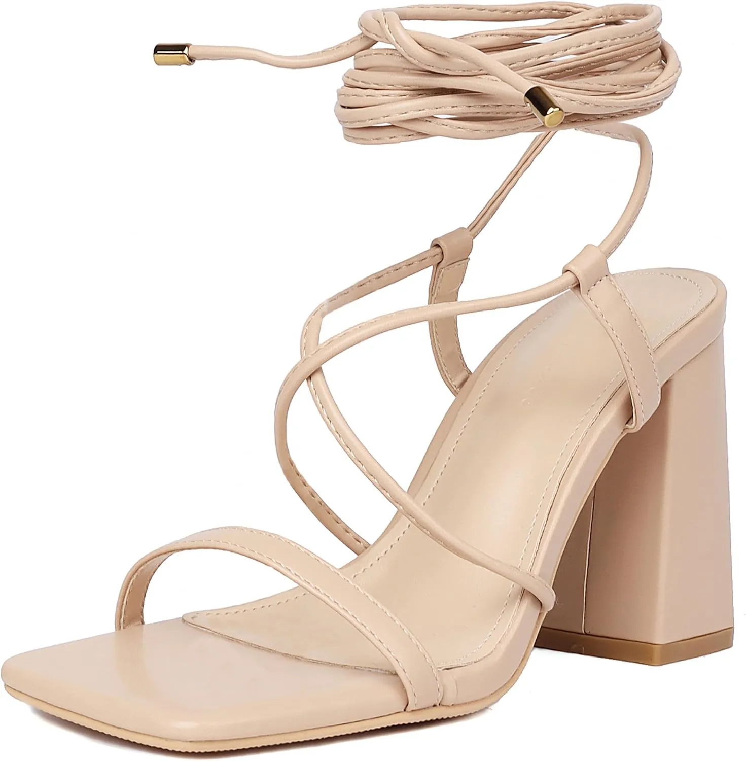 Womens Strappy Heels Lace Up Chunky Heel Sandals, Block Heel Wrap Sandals for Women Cute Sexy Dressy with Square Open Toe High Heels