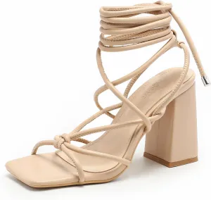 Womens Strappy Heels Lace Up Chunky Heel Sandals, Cute Block Heel Wrap Sandals for Women Dressy Sexy with Square Toe