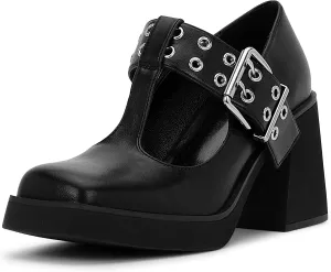 Women's T-Strap Platform Block Heel Mary Janes Pumps Square Toe Buckle Punk Dress Shoes