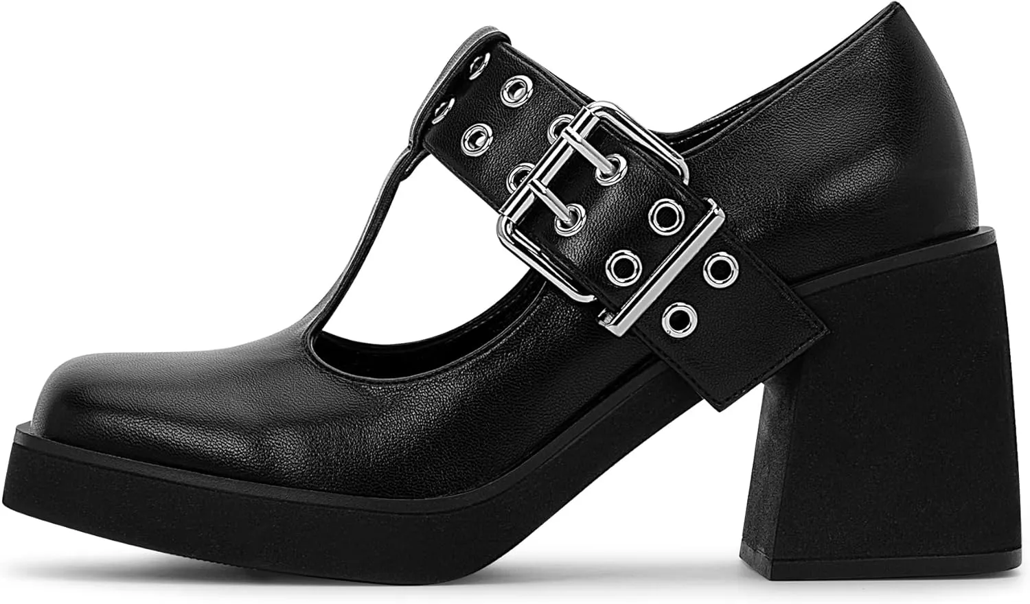 Women's T-Strap Platform Block Heel Mary Janes Pumps Square Toe Buckle Punk Dress Shoes