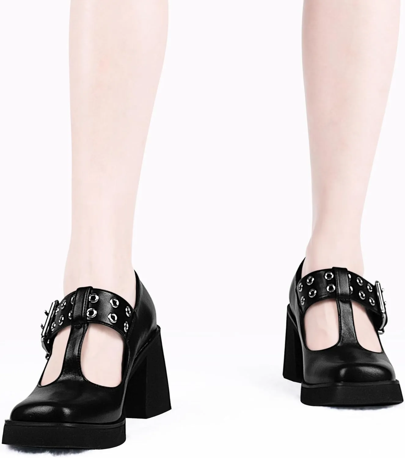 Women's T-Strap Platform Block Heel Mary Janes Pumps Square Toe Buckle Punk Dress Shoes