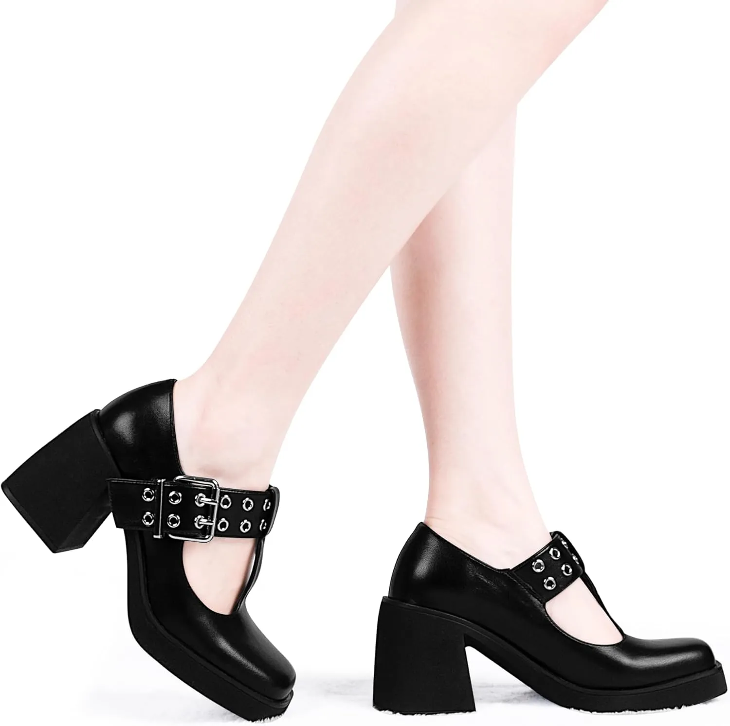 Women's T-Strap Platform Block Heel Mary Janes Pumps Square Toe Buckle Punk Dress Shoes