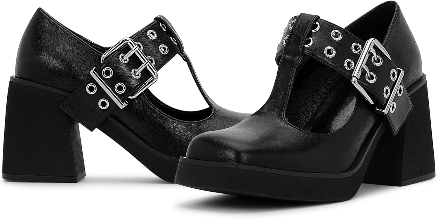Women's T-Strap Platform Block Heel Mary Janes Pumps Square Toe Buckle Punk Dress Shoes