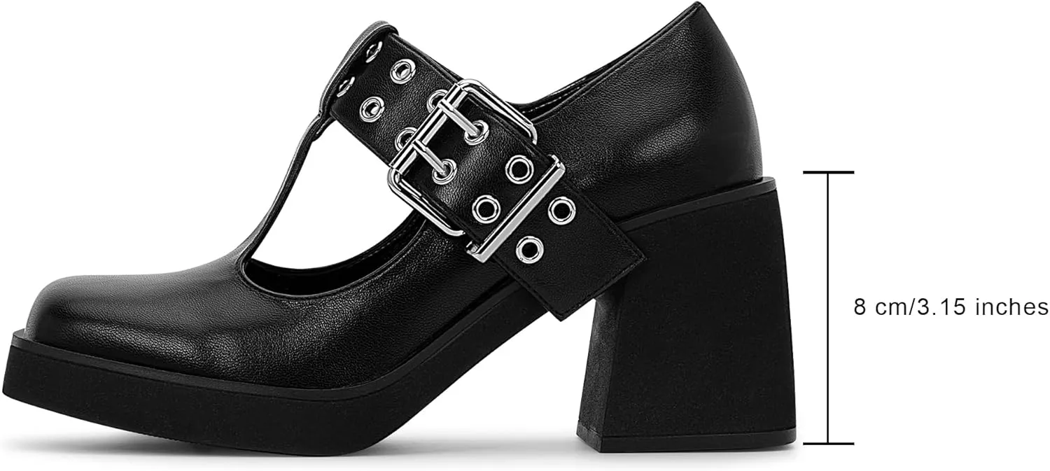 Women's T-Strap Platform Block Heel Mary Janes Pumps Square Toe Buckle Punk Dress Shoes