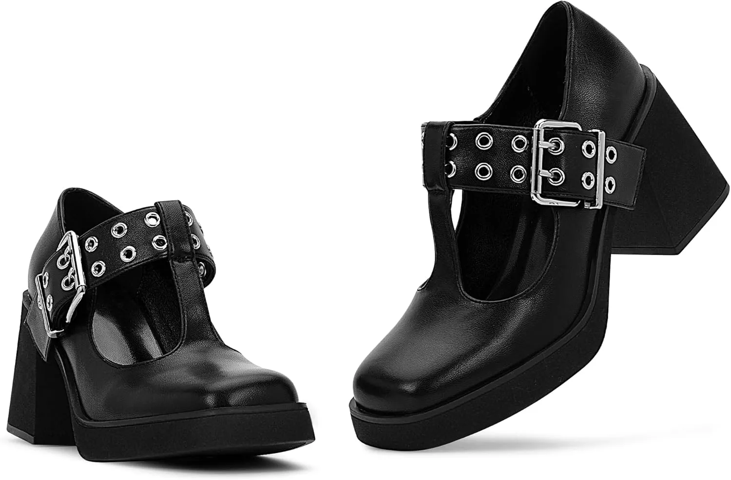 Women's T-Strap Platform Block Heel Mary Janes Pumps Square Toe Buckle Punk Dress Shoes