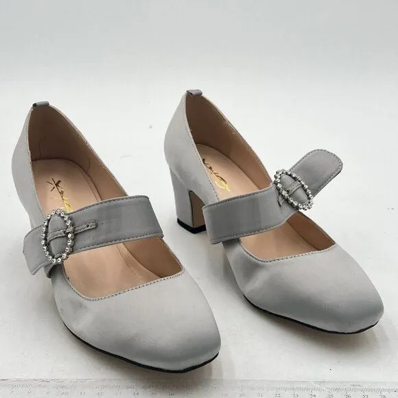 XYD Light Grey Vintage Retro Mary Jane Satin Round Toe Single Strap Buckle Pump