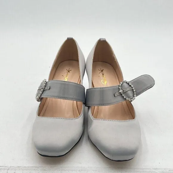 XYD Light Grey Vintage Retro Mary Jane Satin Round Toe Single Strap Buckle Pump