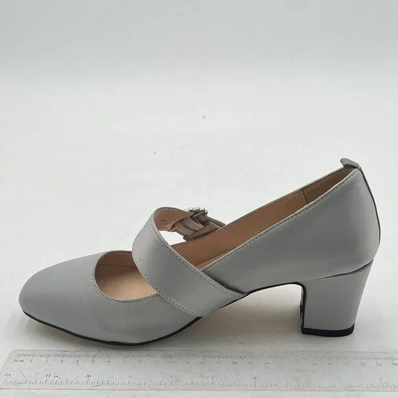 XYD Light Grey Vintage Retro Mary Jane Satin Round Toe Single Strap Buckle Pump