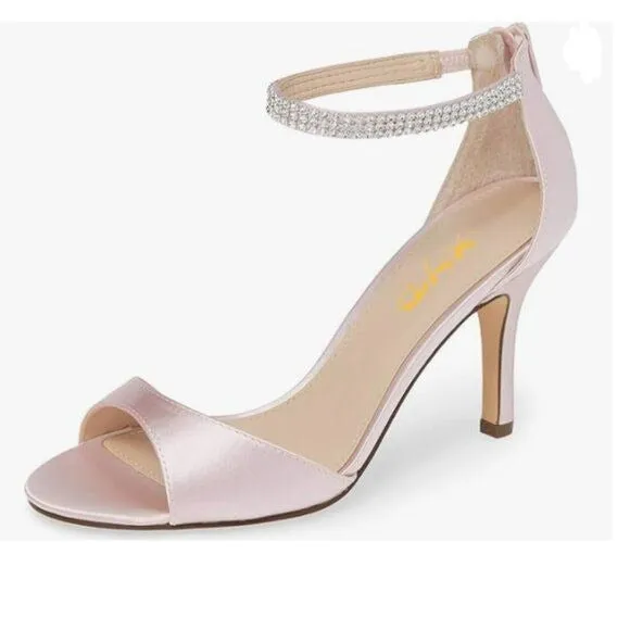 XYD Light Pink Open Toe Rhinestones Ankle Strap Sandals High Heel Bridal Shoes