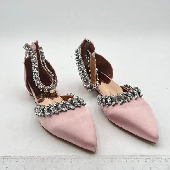 XYD Light Pink Pointed Toe D'Orsay Sparkly Ankle Strap Low Heel Wedding Sandals