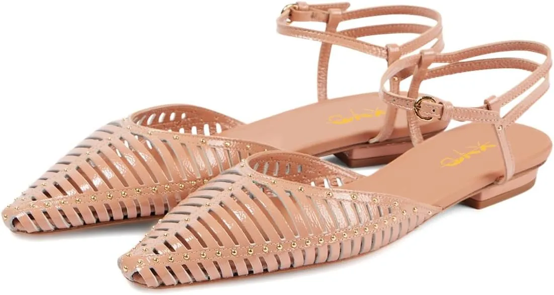 XYD Women Ankle Strappy Flats with Studs Pointed Caged Toe Roma Sandals Low Heel Chic Casual Shoes
