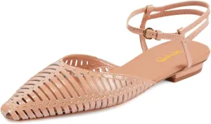 XYD Women Ankle Strappy Flats with Studs Pointed Caged Toe Roma Sandals Low Heel Chic Casual Shoes