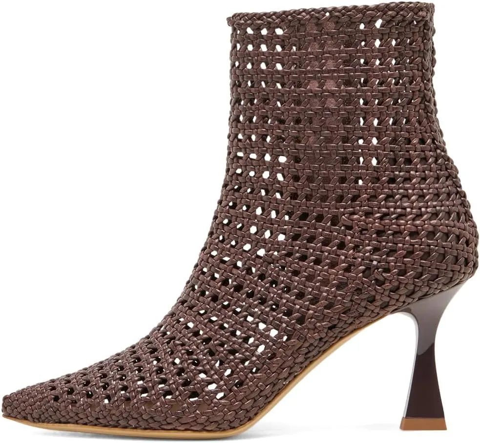 XYD Women Chic Braided Woven Ankle Boots with Zip Pointed Toe Mid Heels Cutout Event Club Shoes