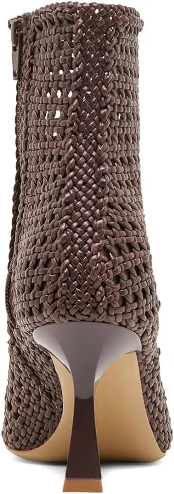 XYD Women Chic Braided Woven Ankle Boots with Zip Pointed Toe Mid Heels Cutout Event Club Shoes