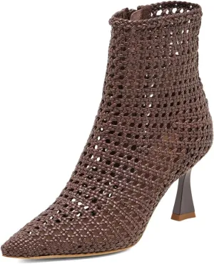 XYD Women Chic Braided Woven Ankle Boots with Zip Pointed Toe Mid Heels Cutout Event Club Shoes