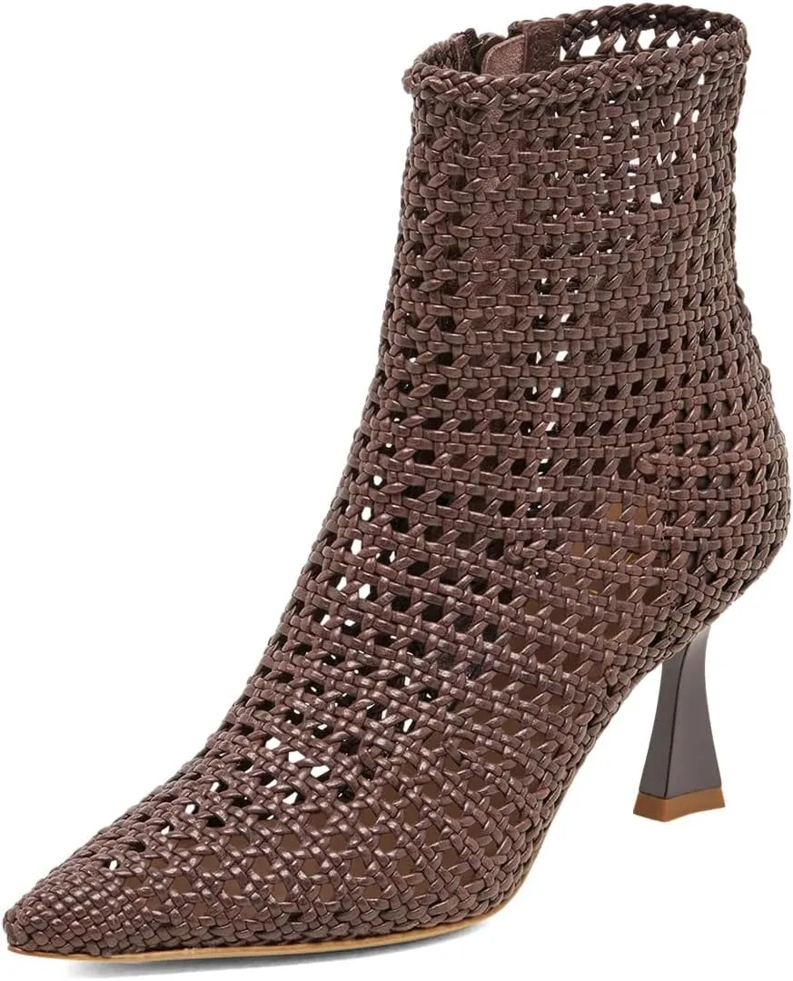 XYD Women Chic Braided Woven Ankle Boots with Zip Pointed Toe Mid Heels Cutout Event Club Shoes