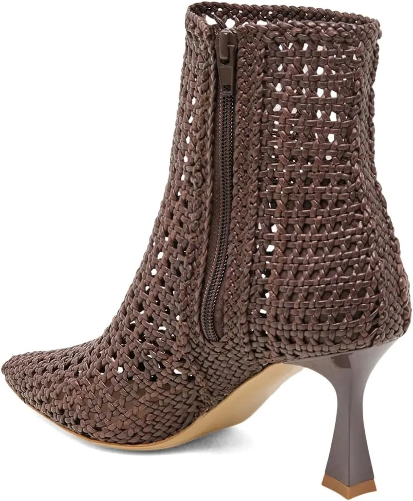 XYD Women Chic Braided Woven Ankle Boots with Zip Pointed Toe Mid Heels Cutout Event Club Shoes