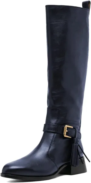 XYD Women Chic Closed Pointed Decorative Buckle Tassel Knee High Boots Low Chunky Heel Long Bootie Winter Daily Comfy Walking Party Shoes with Side Zipper