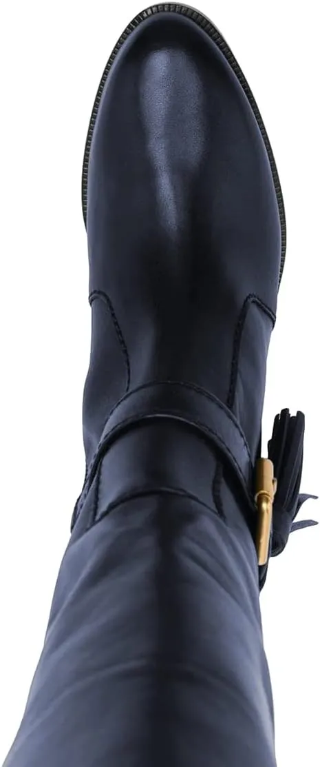 XYD Women Chic Closed Pointed Decorative Buckle Tassel Knee High Boots Low Chunky Heel Long Bootie Winter Daily Comfy Walking Party Shoes with Side Zipper