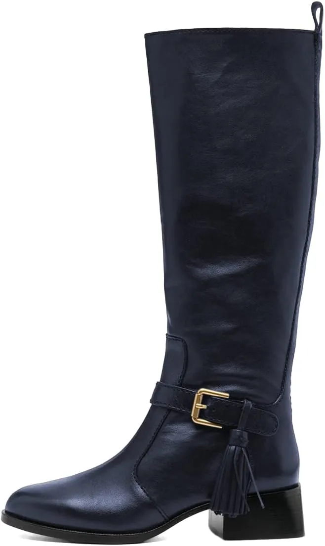 XYD Women Chic Closed Pointed Decorative Buckle Tassel Knee High Boots Low Chunky Heel Long Bootie Winter Daily Comfy Walking Party Shoes with Side Zipper