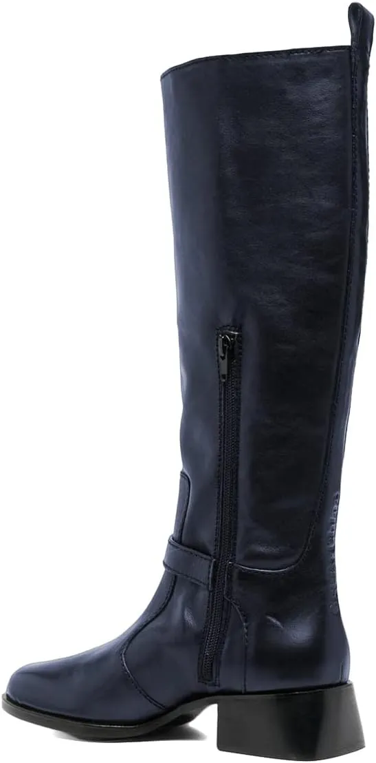 XYD Women Chic Closed Pointed Decorative Buckle Tassel Knee High Boots Low Chunky Heel Long Bootie Winter Daily Comfy Walking Party Shoes with Side Zipper