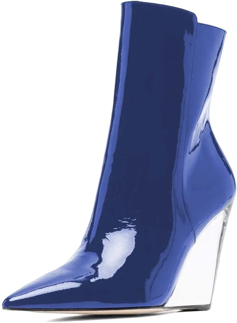 XYD Women Chic High Crystal Wedge Heel Ankle Boots Side Zip Closed Pointed Toe Short Bootie Winter Fall Outdoor Dress Shoes
