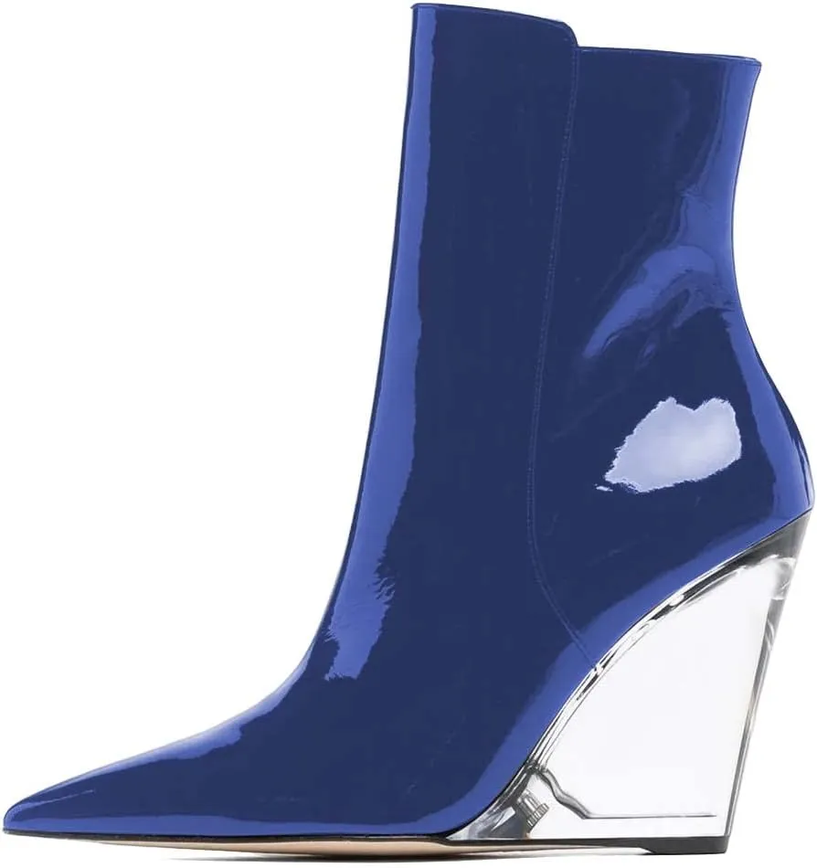 XYD Women Chic High Crystal Wedge Heel Ankle Boots Side Zip Closed Pointed Toe Short Bootie Winter Fall Outdoor Dress Shoes
