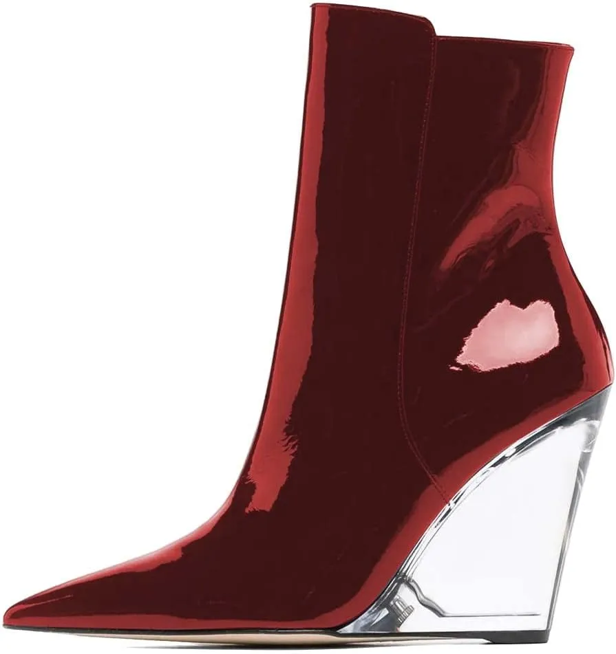 XYD Women Chic High Crystal Wedge Heel Ankle Boots Side Zip Closed Pointed Toe Short Bootie Winter Fall Outdoor Dress Shoes