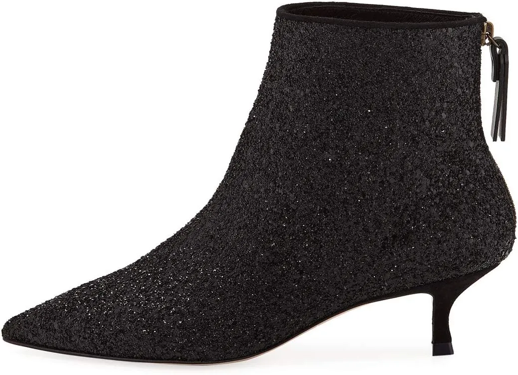 XYD Women Chic Low Kitten Heel Ankle Boots Pointed Closed Toe Side Zipper Prom Glitter Party Fashion Short Bootie Shoes