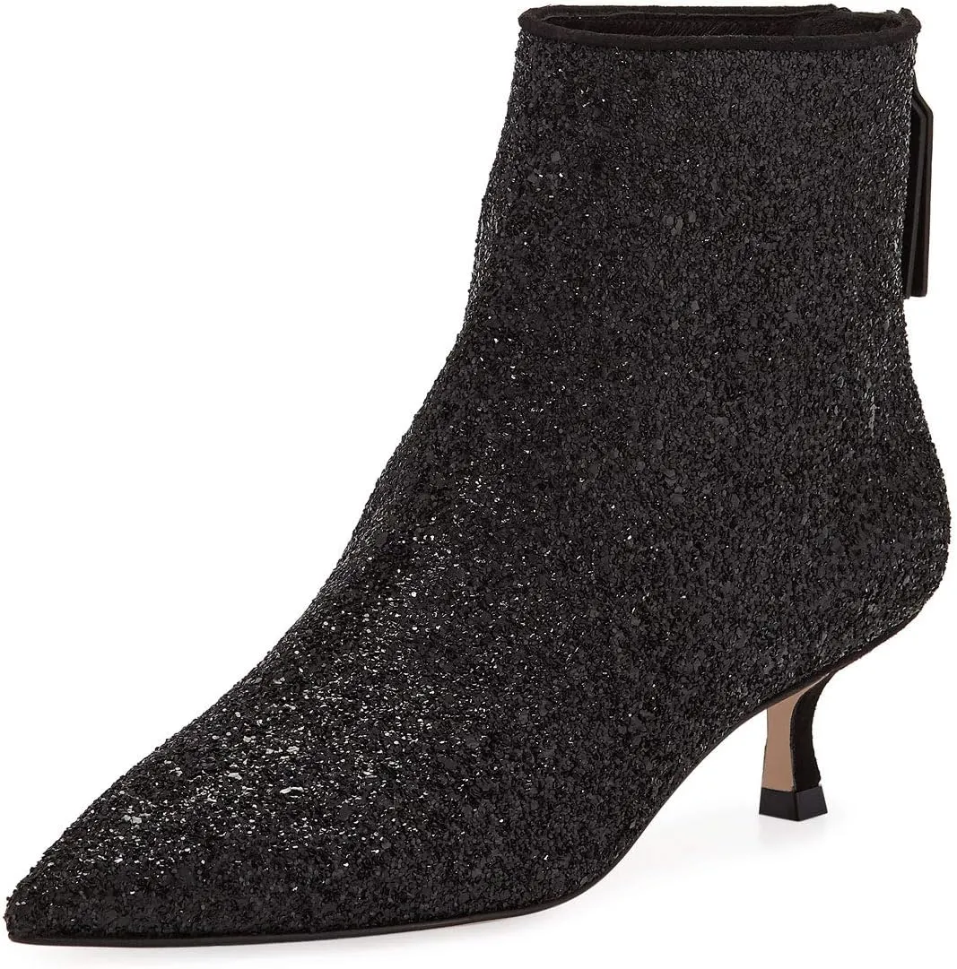 XYD Women Chic Low Kitten Heel Ankle Boots Pointed Closed Toe Side Zipper Prom Glitter Party Fashion Short Bootie Shoes