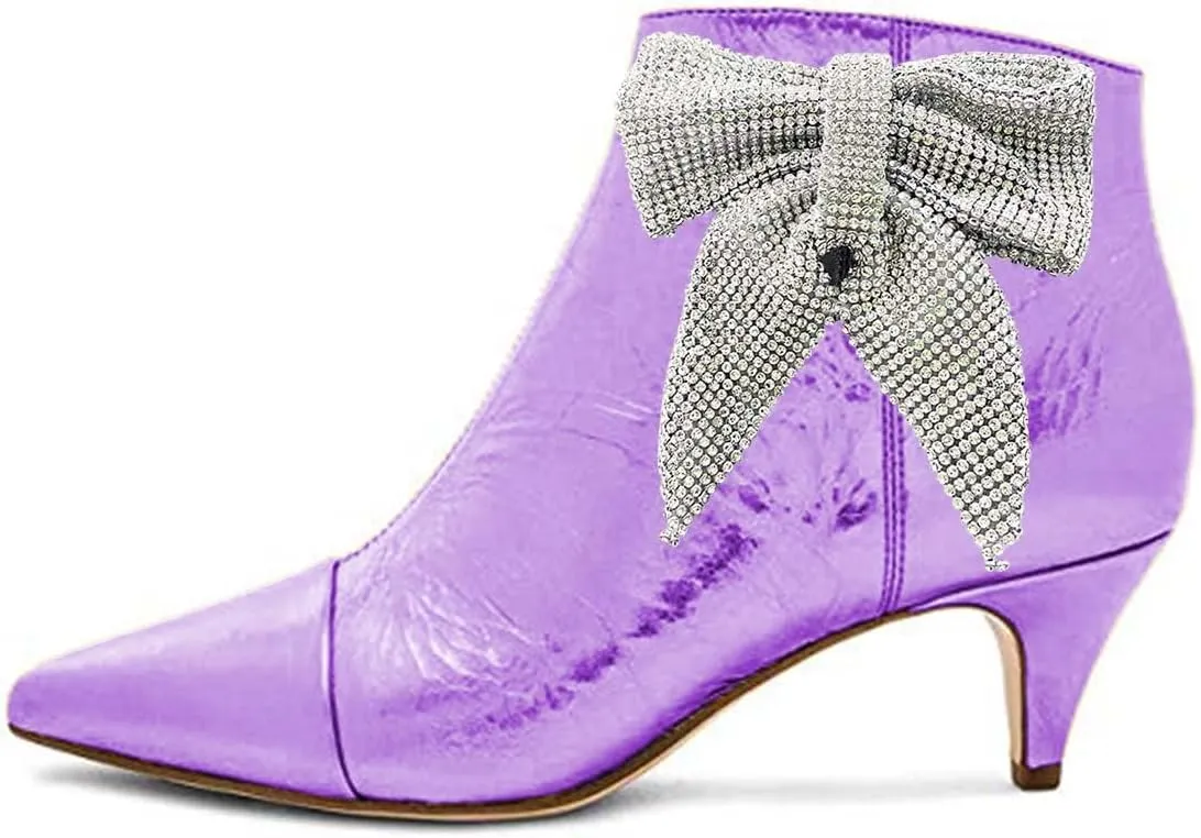XYD Women Chic Low Kitten Heels Ankle Boots with Side Crystal Bowknot Pointed Cap Toe Zip Up Dress Booties Shoes