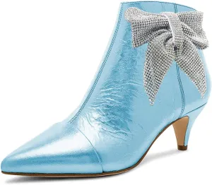 XYD Women Chic Low Kitten Heels Ankle Boots with Side Crystal Bowknot Pointed Cap Toe Zip Up Dress Booties Shoes