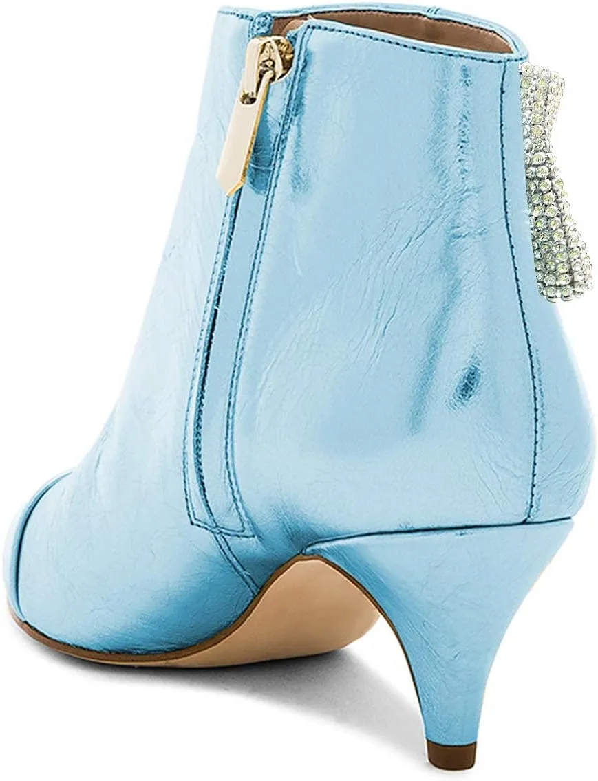 XYD Women Chic Low Kitten Heels Ankle Boots with Side Crystal Bowknot Pointed Cap Toe Zip Up Dress Booties Shoes