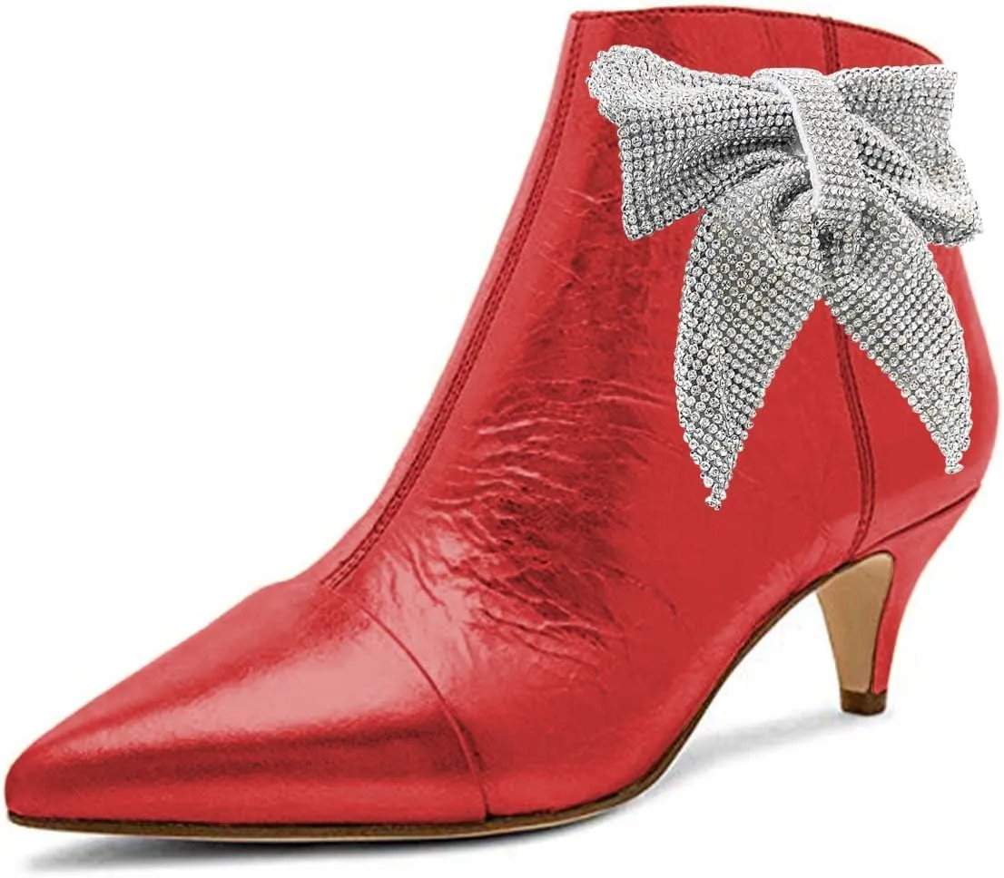 XYD Women Chic Low Kitten Heels Ankle Boots with Side Crystal Bowknot Pointed Cap Toe Zip Up Dress Booties Shoes