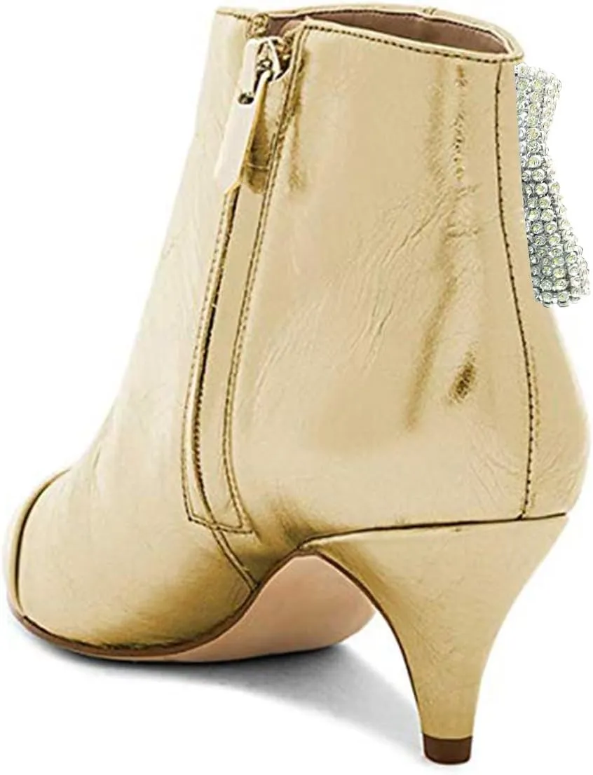 XYD Women Chic Low Kitten Heels Ankle Boots with Side Crystal Bowknot Pointed Cap Toe Zip Up Dress Booties Shoes