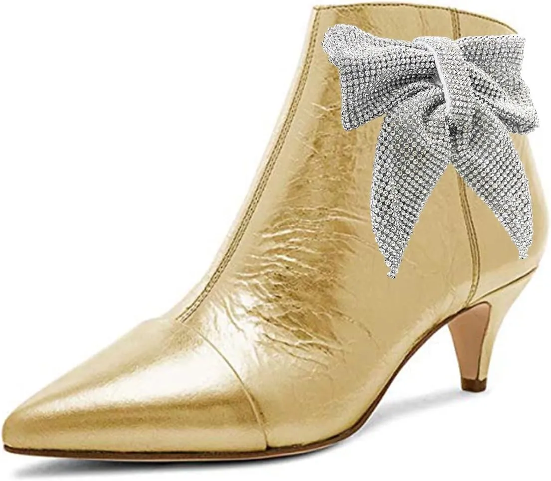 XYD Women Chic Low Kitten Heels Ankle Boots with Side Crystal Bowknot Pointed Cap Toe Zip Up Dress Booties Shoes