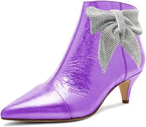XYD Women Chic Low Kitten Heels Ankle Boots with Side Crystal Bowknot Pointed Cap Toe Zip Up Dress Booties Shoes