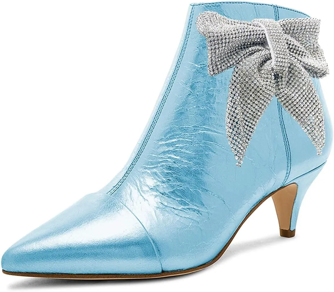 XYD Women Chic Low Kitten Heels Ankle Boots with Side Crystal Bowknot Pointed Cap Toe Zip Up Dress Booties Shoes