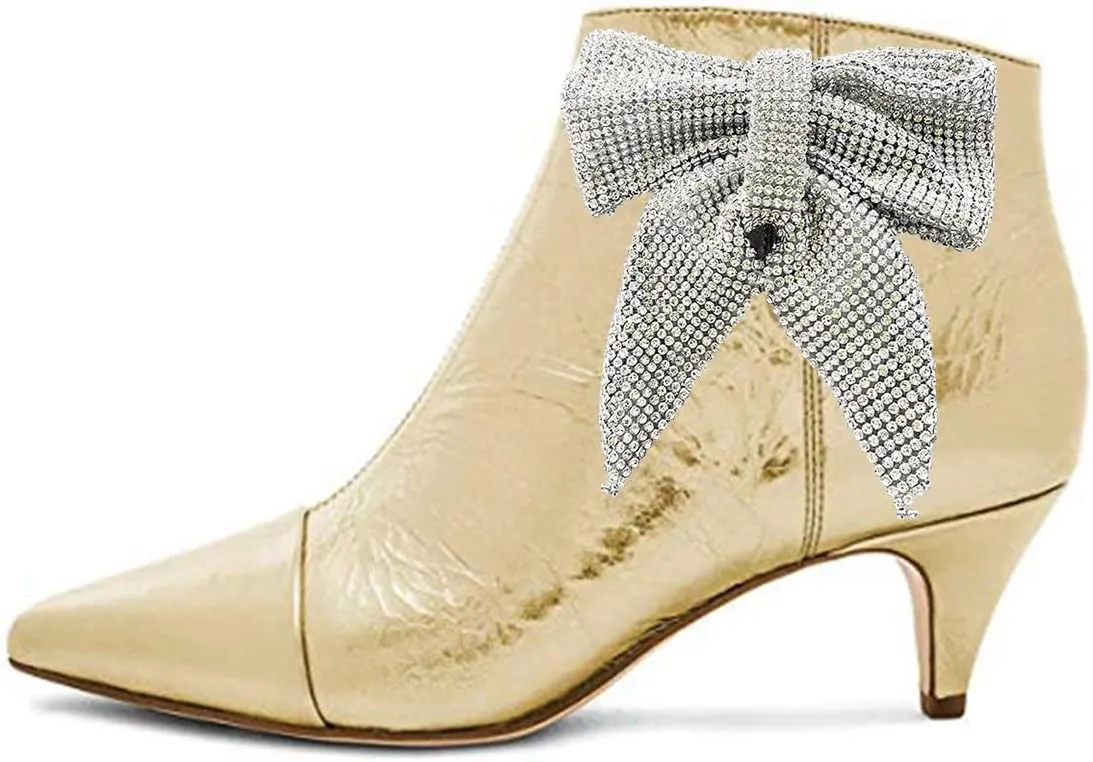 XYD Women Chic Low Kitten Heels Ankle Boots with Side Crystal Bowknot Pointed Cap Toe Zip Up Dress Booties Shoes