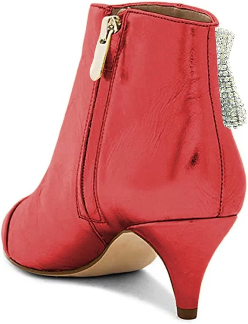 XYD Women Chic Low Kitten Heels Ankle Boots with Side Crystal Bowknot Pointed Cap Toe Zip Up Dress Booties Shoes