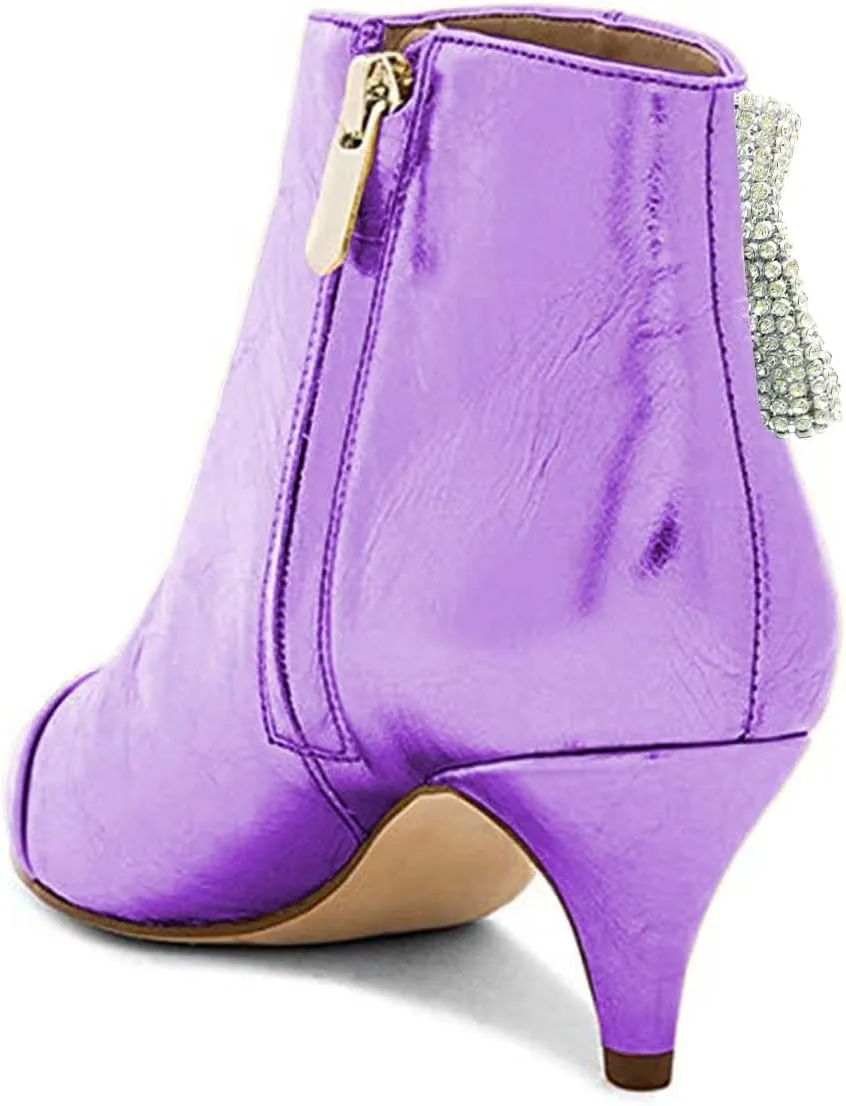 XYD Women Chic Low Kitten Heels Ankle Boots with Side Crystal Bowknot Pointed Cap Toe Zip Up Dress Booties Shoes