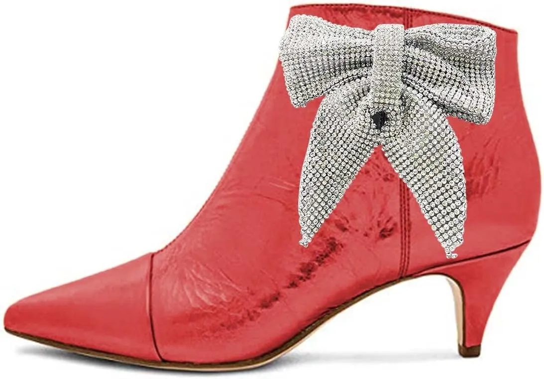 XYD Women Chic Low Kitten Heels Ankle Boots with Side Crystal Bowknot Pointed Cap Toe Zip Up Dress Booties Shoes